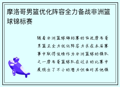 摩洛哥男篮优化阵容全力备战非洲篮球锦标赛