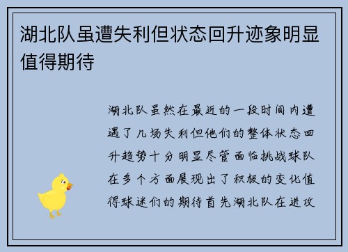 湖北队虽遭失利但状态回升迹象明显值得期待