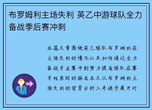 布罗姆利主场失利 英乙中游球队全力备战季后赛冲刺